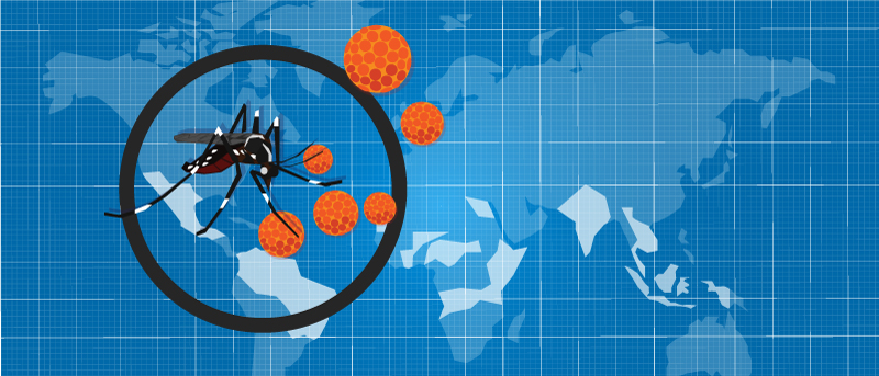 Image of Zika virus, a mosquito overtop a map