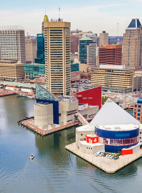 Aerial view of the Inner Harbor in Baltimore, Maryland. By jonbilous